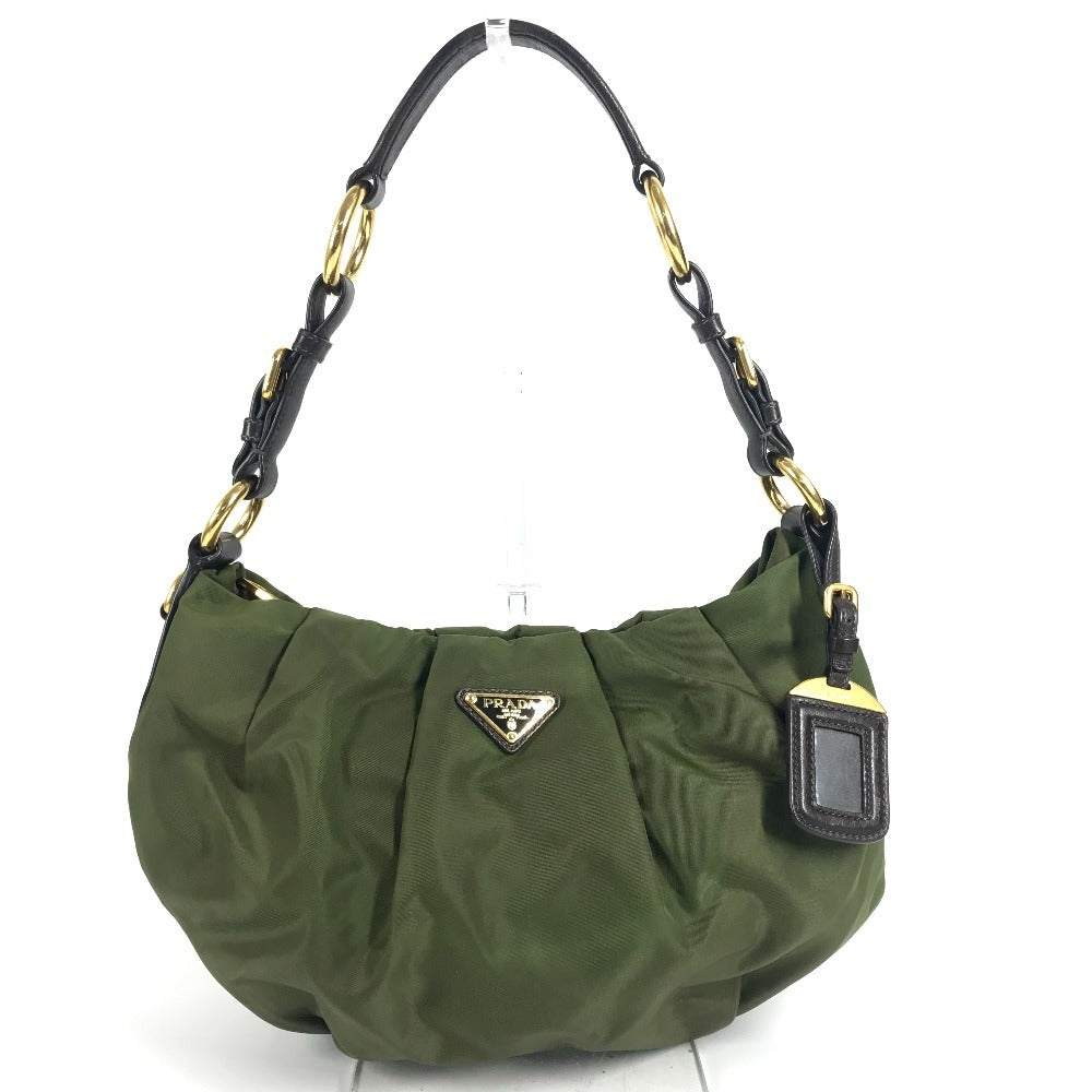 PRADA BR3795 Triangle Logo Plate Bag, Shoulder Bag, Leather/Nylon, Unisex, Khaki