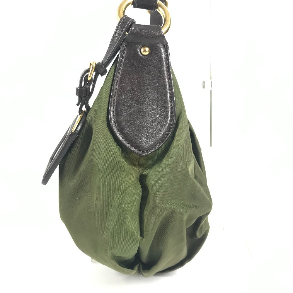 PRADA BR3795 Triangle Logo Plate Bag, Shoulder Bag, Leather/Nylon, Unisex, Khaki