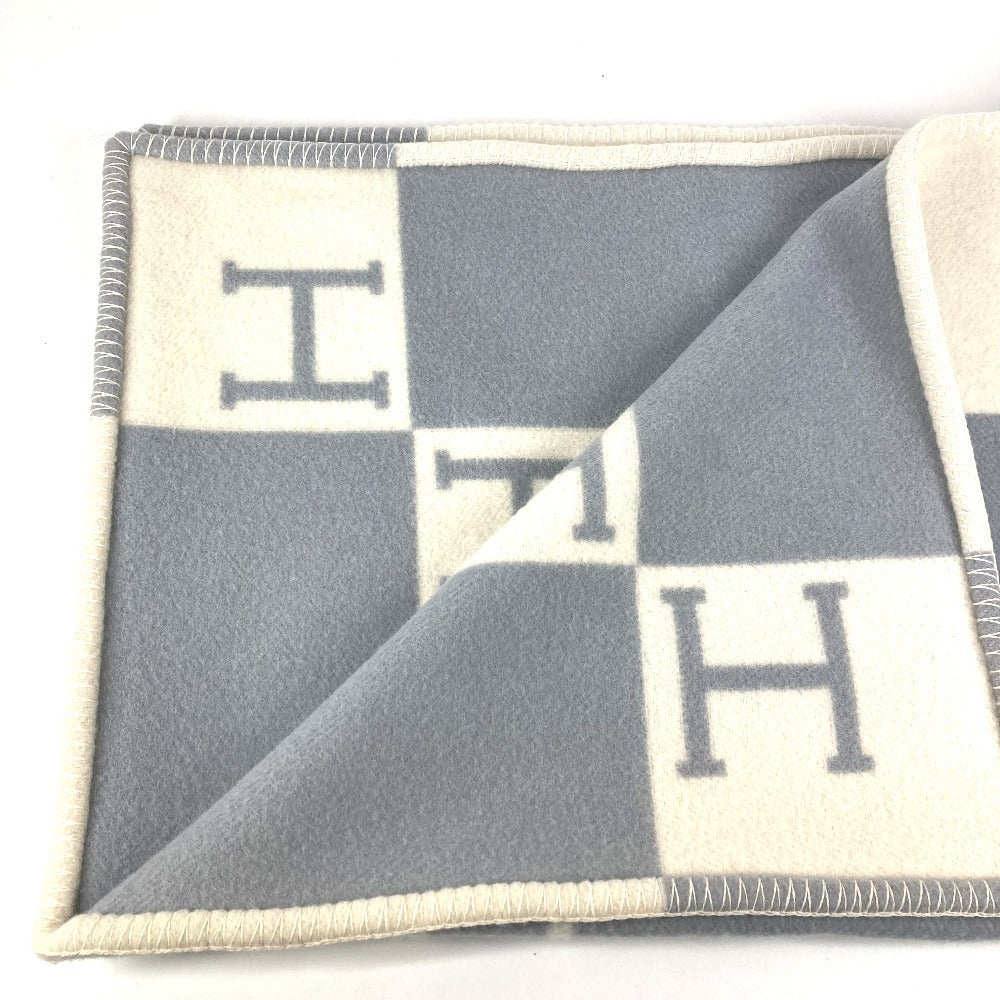 HERMES アヴァロン プレード ロゴ 雑貨 毛布 インテリア ひざ掛け プレード ブランケット ウール/カシミヤ ユニセックス ブルー系