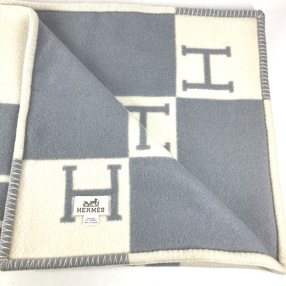 HERMES アヴァロン プレード ロゴ 雑貨 毛布 インテリア ひざ掛け プレード ブランケット ウール/カシミヤ ユニセックス ブルー系