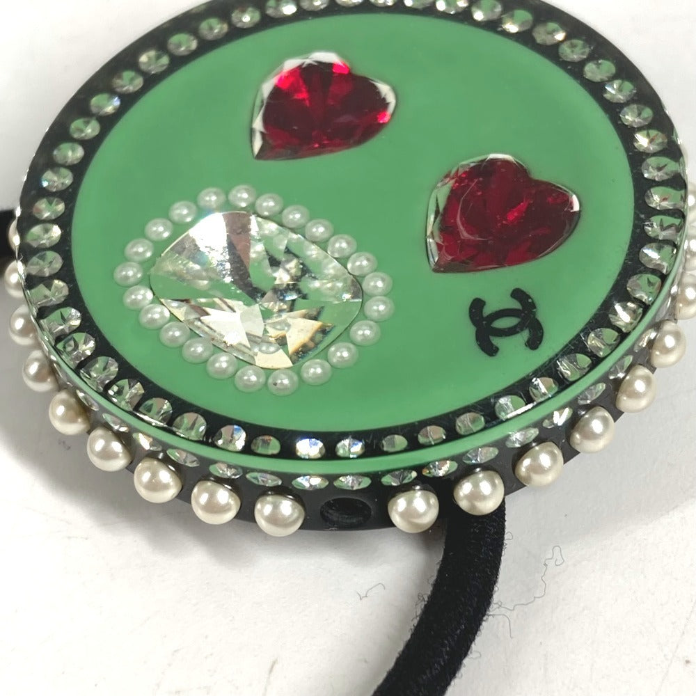 CHANEL 16K Heart CC Coco Mark Logo Hair Accessory Faux Pearl Hair Tie Plastic Unisex Black