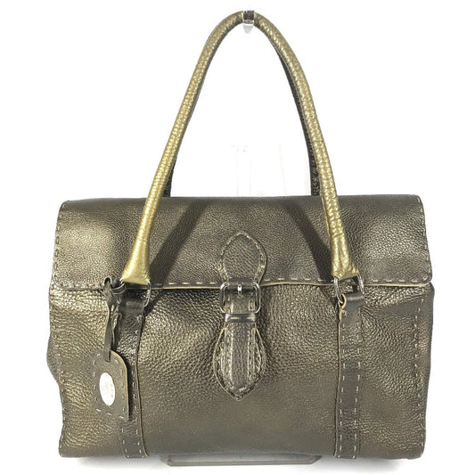 FENDI セレリア ステッチ カバン トートバッグ フラップ ハンドバッグ レザー ユニセックス メタリックゴールド系