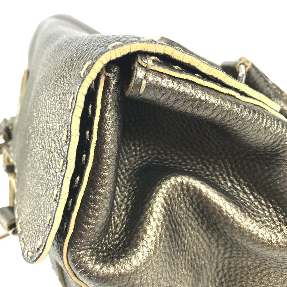 FENDI セレリア ステッチ カバン トートバッグ フラップ ハンドバッグ レザー ユニセックス メタリックゴールド系
