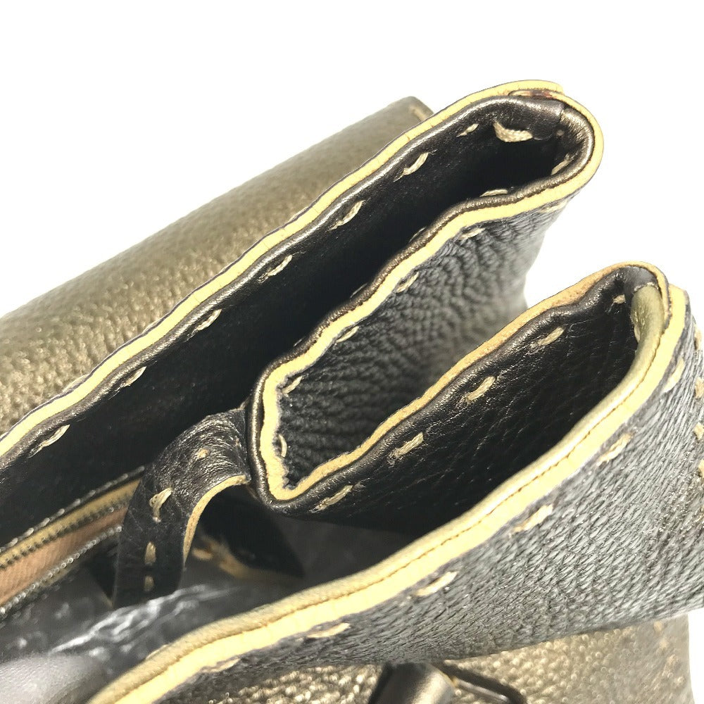 FENDI セレリア ステッチ カバン トートバッグ フラップ ハンドバッグ レザー ユニセックス メタリックゴールド系