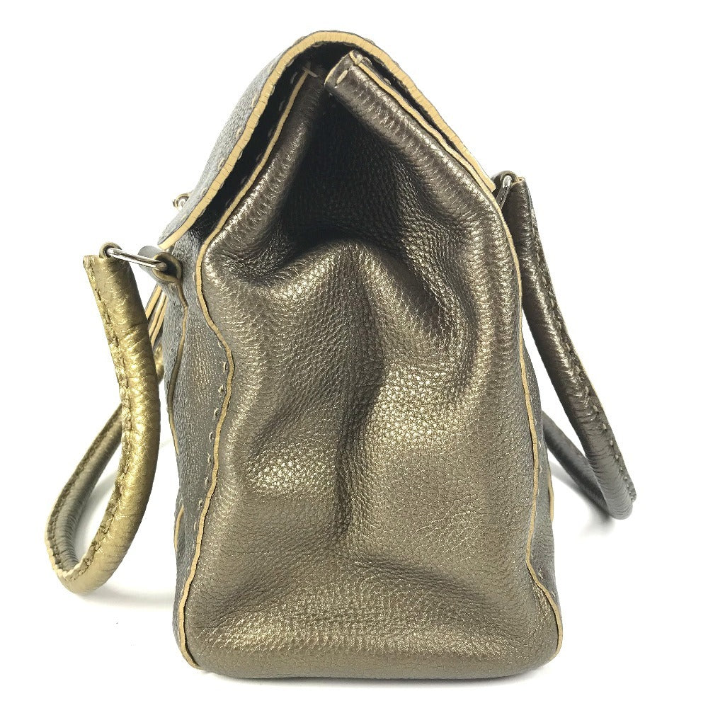 FENDI セレリア ステッチ カバン トートバッグ フラップ ハンドバッグ レザー ユニセックス メタリックゴールド系