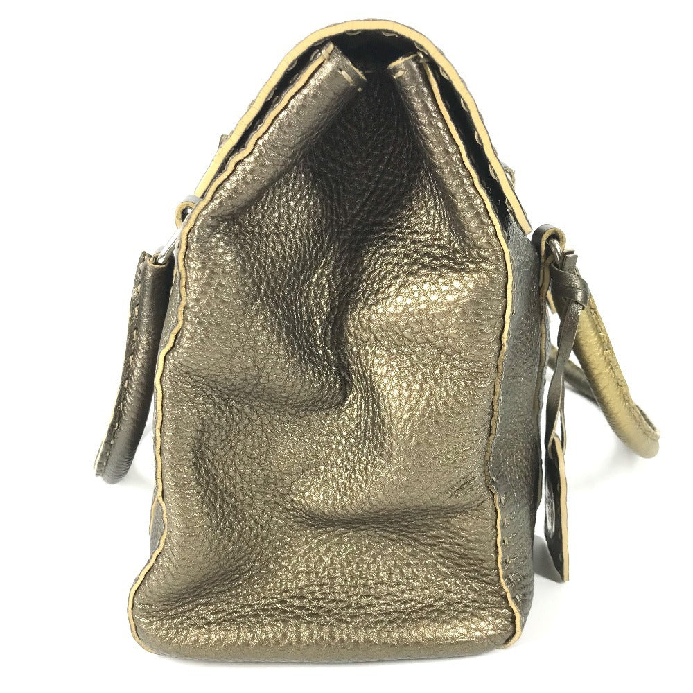 FENDI セレリア ステッチ カバン トートバッグ フラップ ハンドバッグ レザー ユニセックス メタリックゴールド系