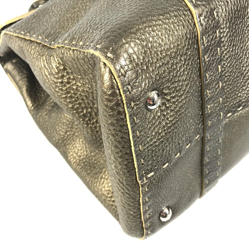 FENDI セレリア ステッチ カバン トートバッグ フラップ ハンドバッグ レザー ユニセックス メタリックゴールド系