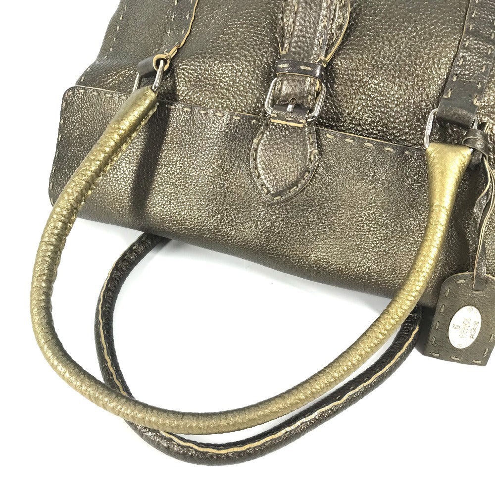 FENDI セレリア ステッチ カバン トートバッグ フラップ ハンドバッグ レザー ユニセックス メタリックゴールド系