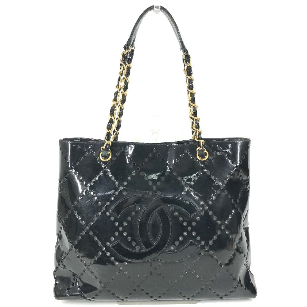 CHANEL Chain Bag CC Logo Quilted Coco Mark Perforated Tote Bag Shoulder Bag Double Chain Shoulder Bag Patent Leather Unisex Black
