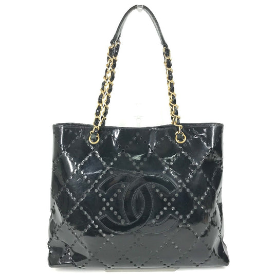 CHANEL チェーンバッグ CC ロゴ キルティング ココマーク パンチング トートバッグ カバン 肩掛け Wチェーン ショルダーバッグ エナメル ユニセックス ブラック