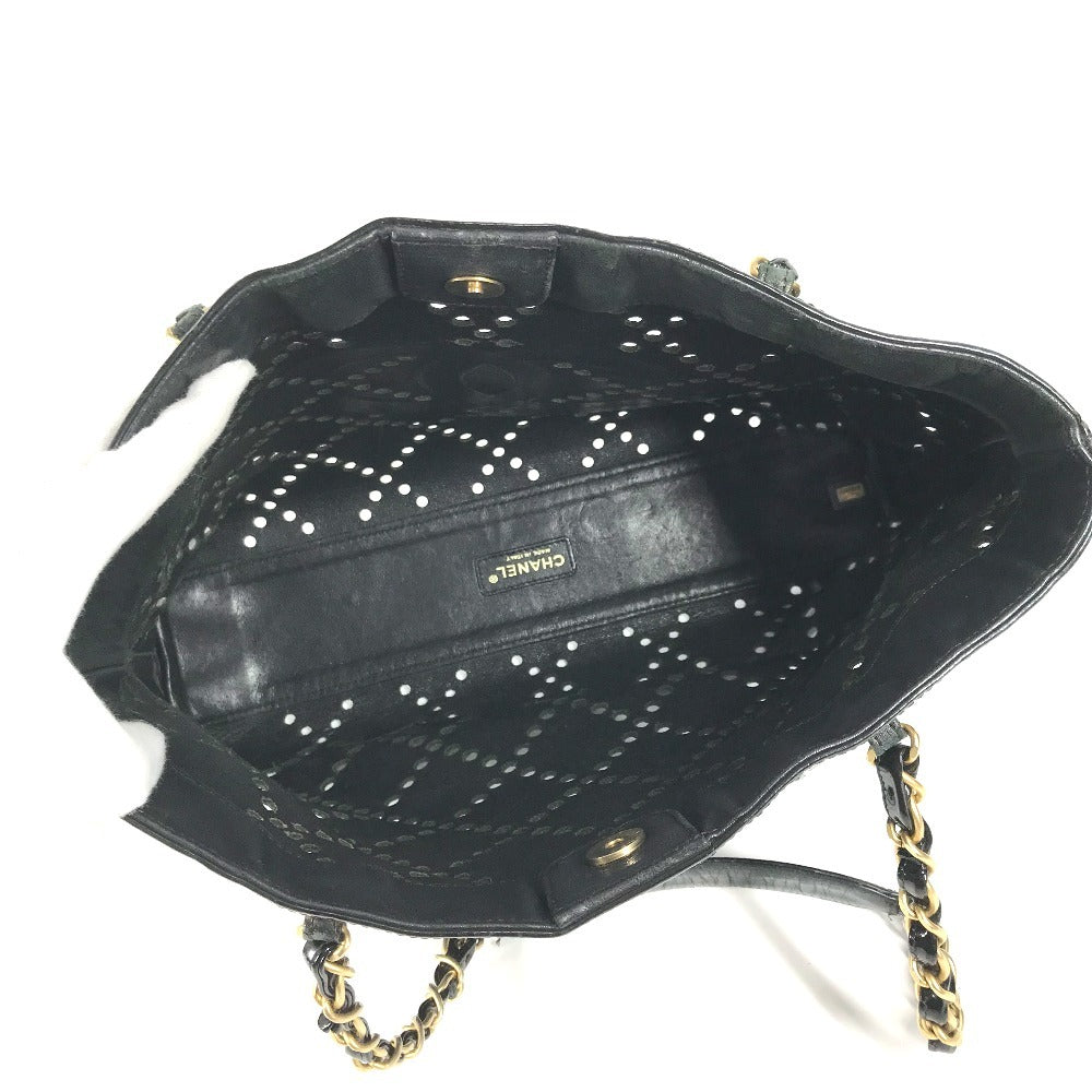 CHANEL Chain Bag CC Logo Quilted Coco Mark Perforated Tote Bag Shoulder Bag Double Chain Shoulder Bag Patent Leather Unisex Black