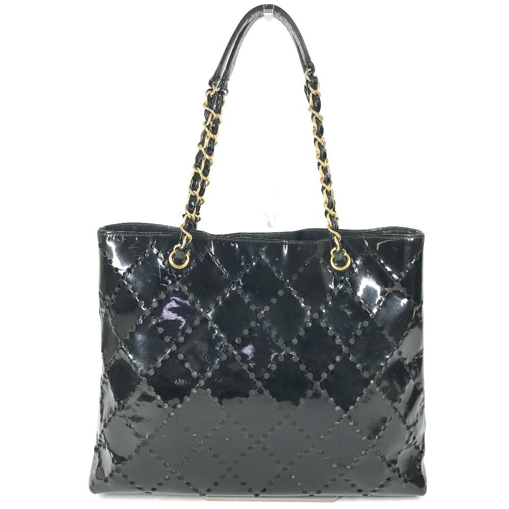CHANEL Chain Bag CC Logo Quilted Coco Mark Perforated Tote Bag Shoulder Bag Double Chain Shoulder Bag Patent Leather Unisex Black