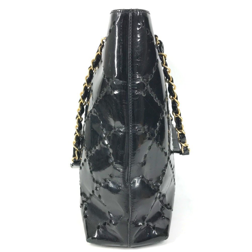 CHANEL Chain Bag CC Logo Quilted Coco Mark Perforated Tote Bag Shoulder Bag Double Chain Shoulder Bag Patent Leather Unisex Black