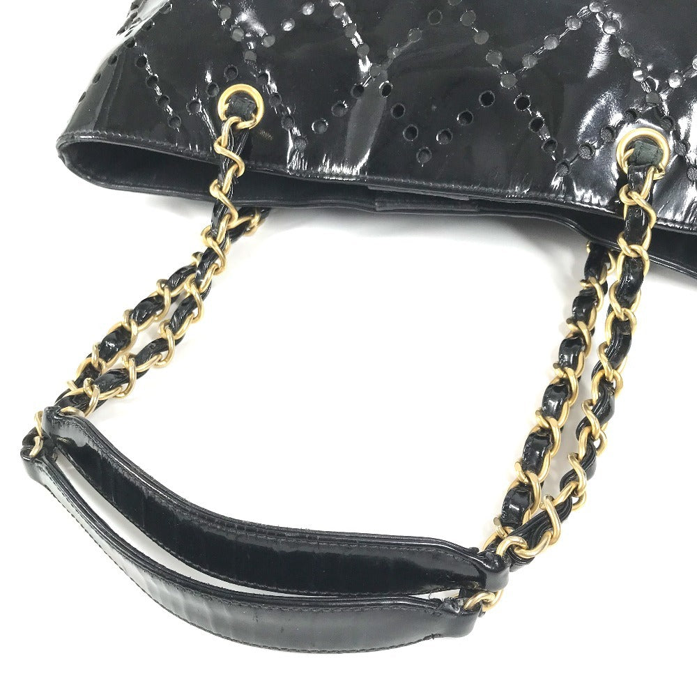 CHANEL Chain Bag CC Logo Quilted Coco Mark Perforated Tote Bag Shoulder Bag Double Chain Shoulder Bag Patent Leather Unisex Black