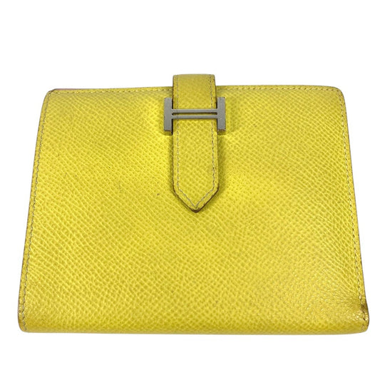 HERMES バイカラー ベアンコンパクトヴェルソ ベアン コンパクト ヴェルソ Hロゴ コンパクトウォレット 2つ折り財布 エプソン ユニセックス イエロー×ピンク