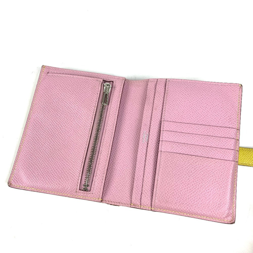 HERMES バイカラー ベアンコンパクトヴェルソ ベアン コンパクト ヴェルソ Hロゴ コンパクトウォレット 2つ折り財布 エプソン ユニセックス イエロー×ピンク