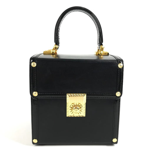 VERSACE ヴィンテージ サンバースト ロゴ バニティバッグ カバン バニティ フラップ ミラー付き ボックスバッグ ハンドバッグ レザー ユニセックス ブラック