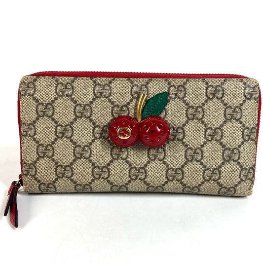 GUCCI 476049 GG Supreme GG Logo Cherry Rhinestone Zip Around Long Wallet GG Supreme Canvas Unisex Red