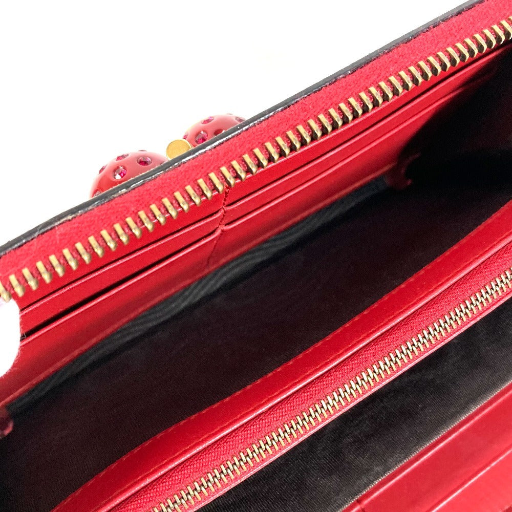 GUCCI 476049 GG Supreme GG Logo Cherry Rhinestone Zip Around Long Wallet GG Supreme Canvas Unisex Red