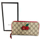 GUCCI 476049 GG Supreme GG Logo Cherry Rhinestone Zip Around Long Wallet GG Supreme Canvas Unisex Red