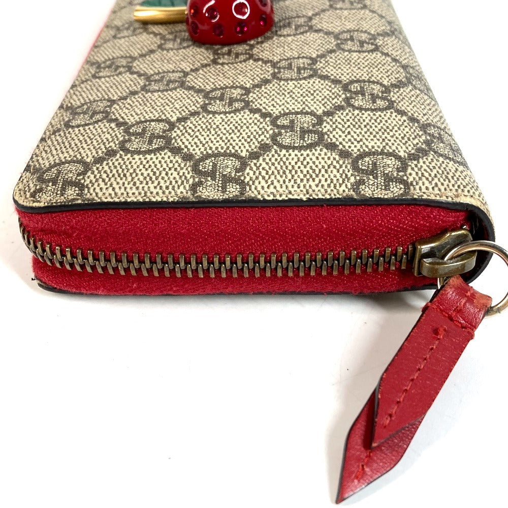 GUCCI 476049 GG Supreme GG Logo Cherry Rhinestone Zip Around Long Wallet GG Supreme Canvas Unisex Red