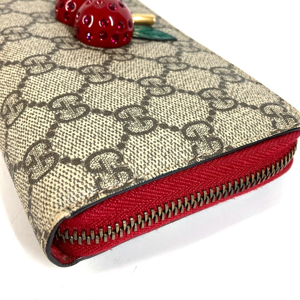 GUCCI 476049 GG Supreme GG Logo Cherry Rhinestone Zip Around Long Wallet GG Supreme Canvas Unisex Red