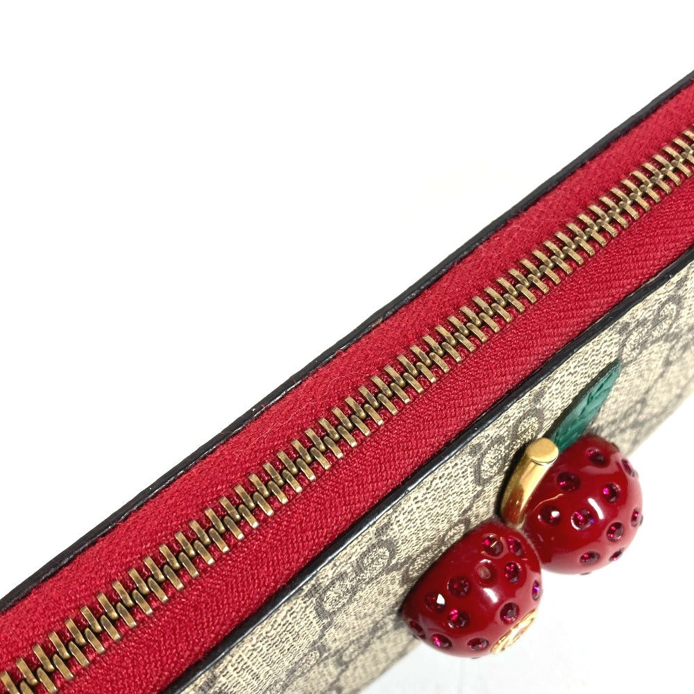 GUCCI 476049 GG Supreme GG Logo Cherry Rhinestone Zip Around Long Wallet GG Supreme Canvas Unisex Red