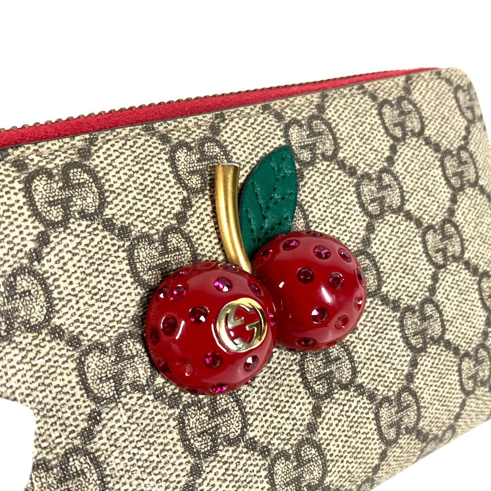 GUCCI 476049 GG Supreme GG Logo Cherry Rhinestone Zip Around Long Wallet GG Supreme Canvas Unisex Red