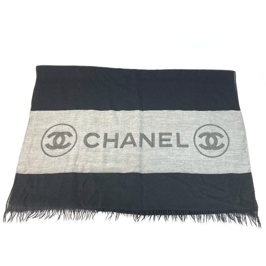 CHANEL Bicolor Logo Fringe Muffler Shawl Large Stole Cashmere Unisex Black