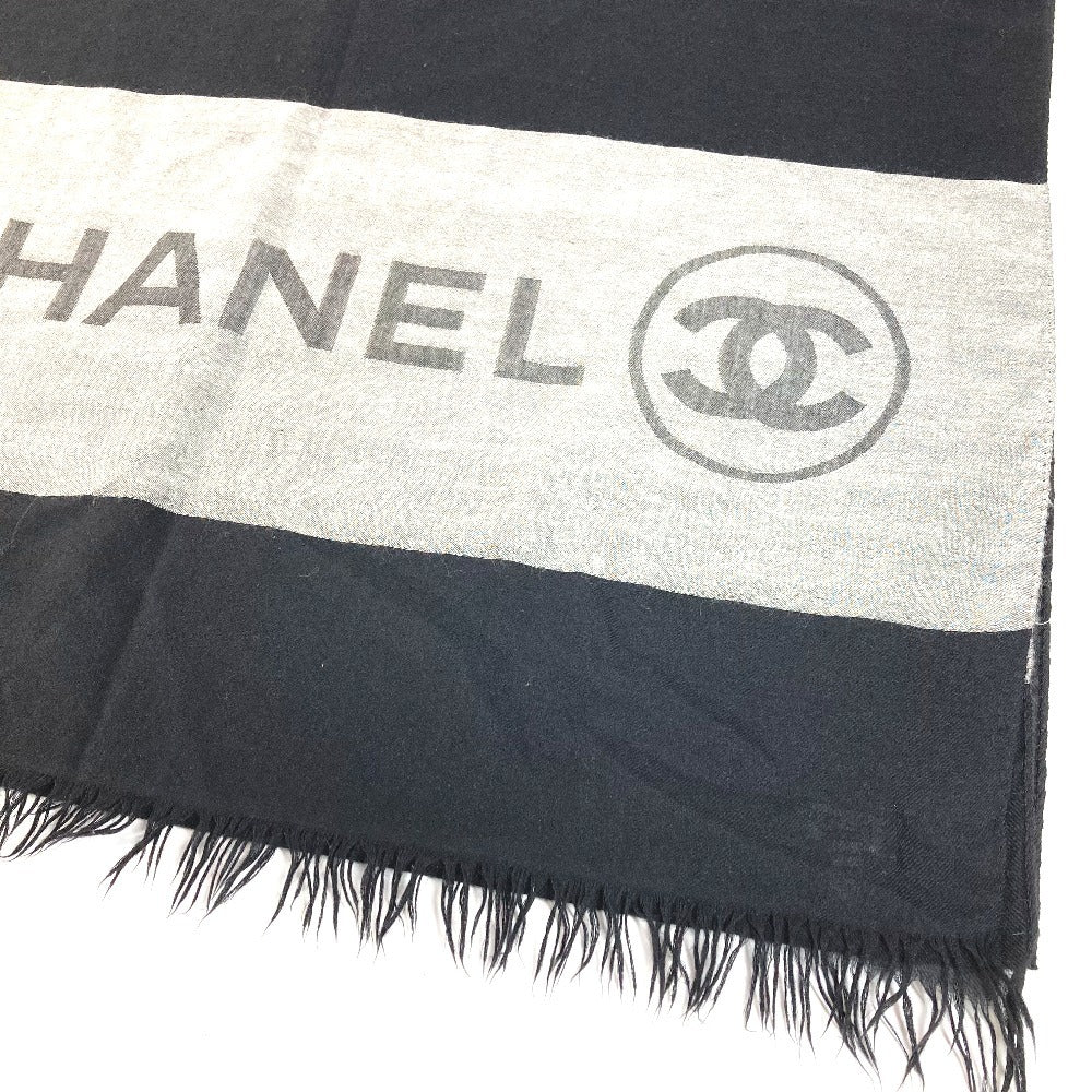 CHANEL バイカラー ロゴ フリンジ マフラー ショール 大判 ストール カシミヤ ユニセックス ブラック