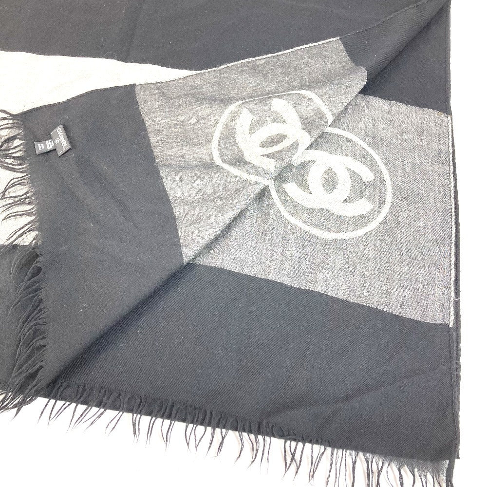 CHANEL バイカラー ロゴ フリンジ マフラー ショール 大判 ストール カシミヤ ユニセックス ブラック