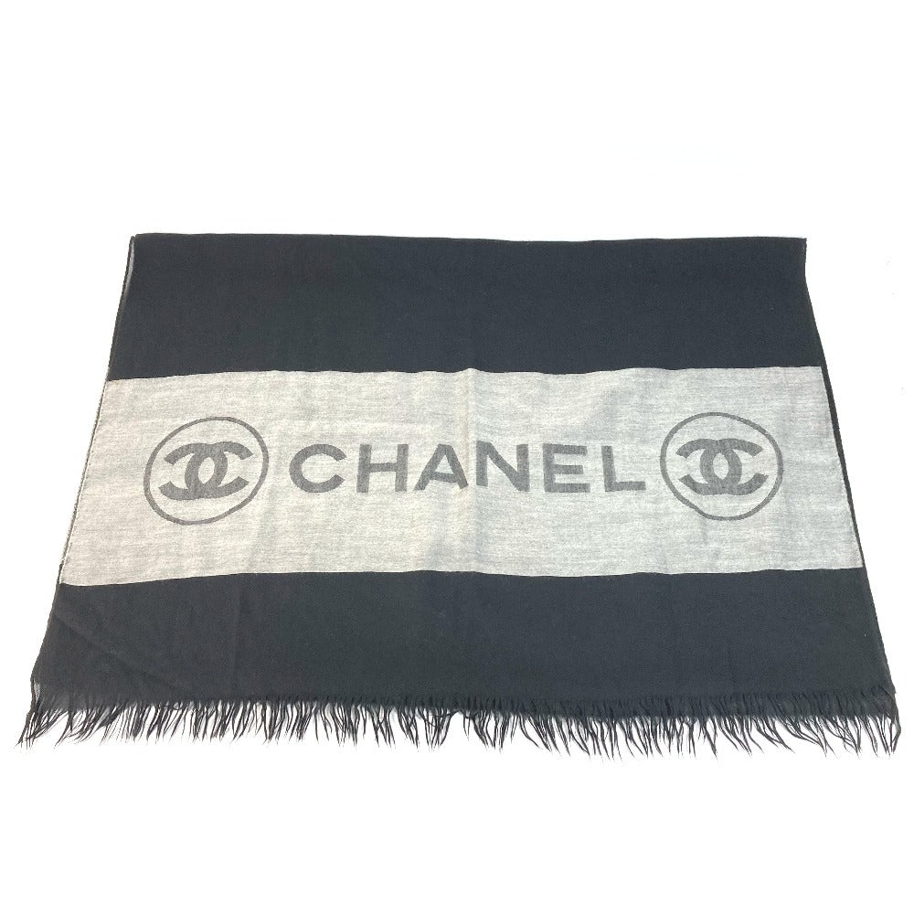 CHANEL バイカラー ロゴ フリンジ マフラー ショール 大判 ストール カシミヤ ユニセックス ブラック