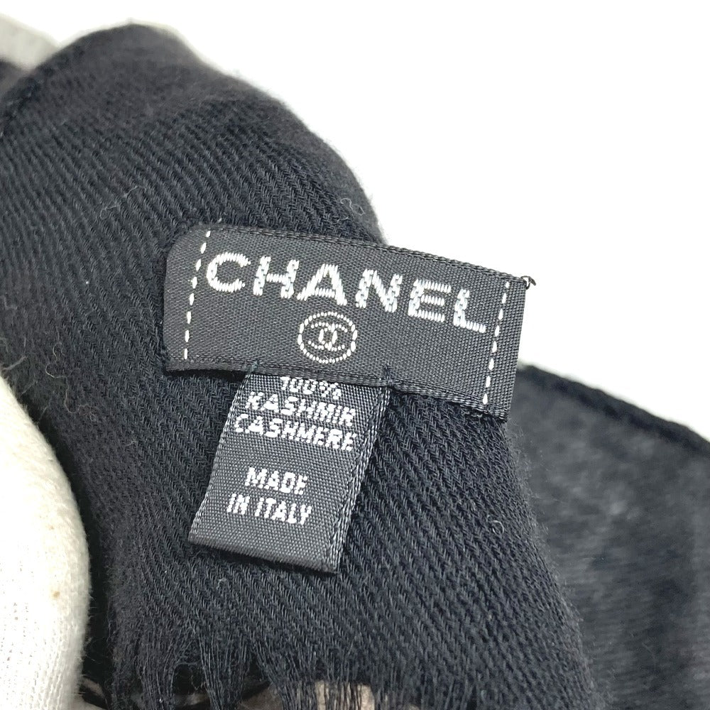 CHANEL バイカラー ロゴ フリンジ マフラー ショール 大判 ストール カシミヤ ユニセックス ブラック