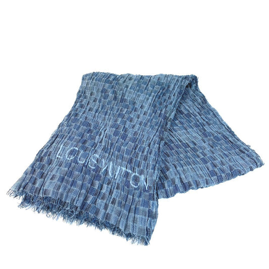 LOUIS VUITTON Logo Fringe Muffler Shawl Large Stole Cotton Unisex Blue