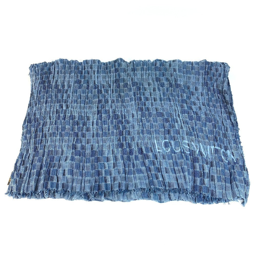 LOUIS VUITTON Logo Fringe Muffler Shawl Large Stole Cotton Unisex Blue