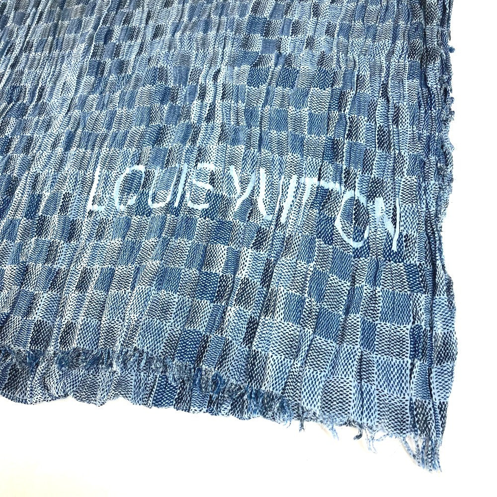 LOUIS VUITTON Logo Fringe Muffler Shawl Large Stole Cotton Unisex Blue
