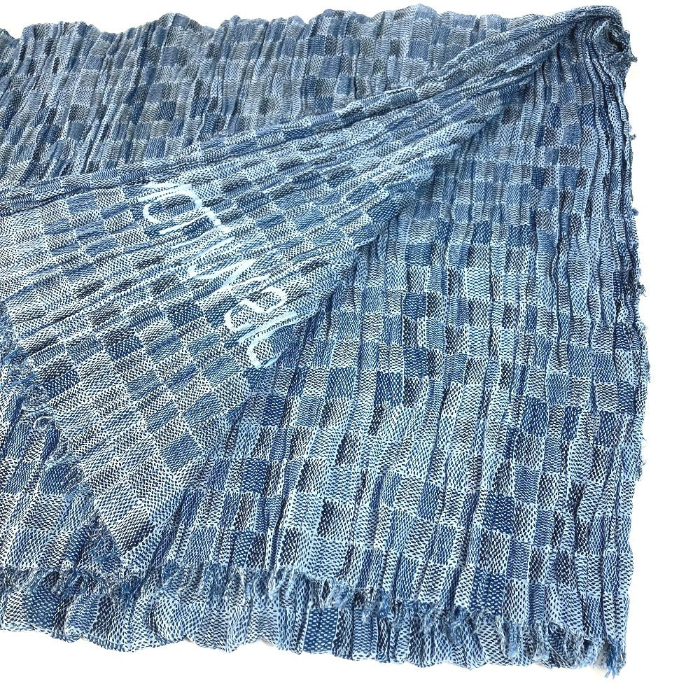 LOUIS VUITTON Logo Fringe Muffler Shawl Large Stole Cotton Unisex Blue