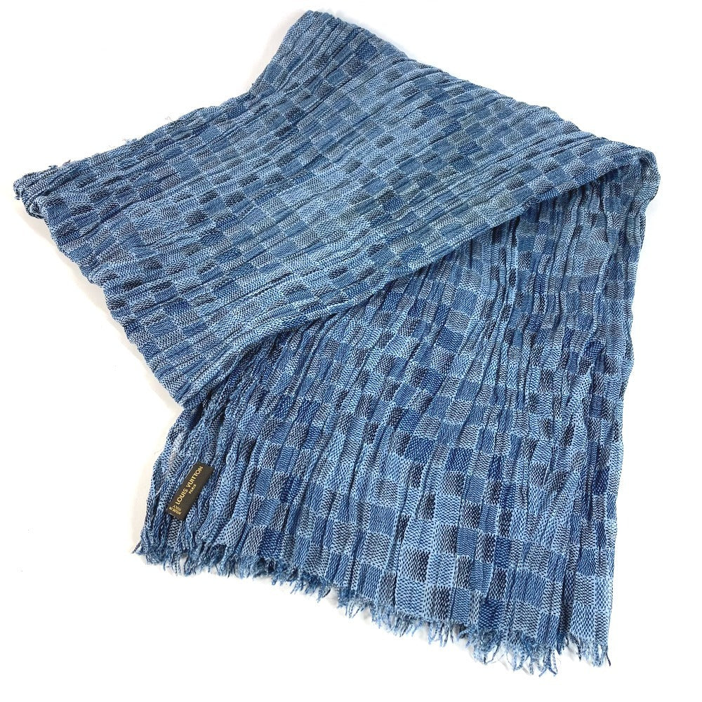 LOUIS VUITTON Logo Fringe Muffler Shawl Large Stole Cotton Unisex Blue