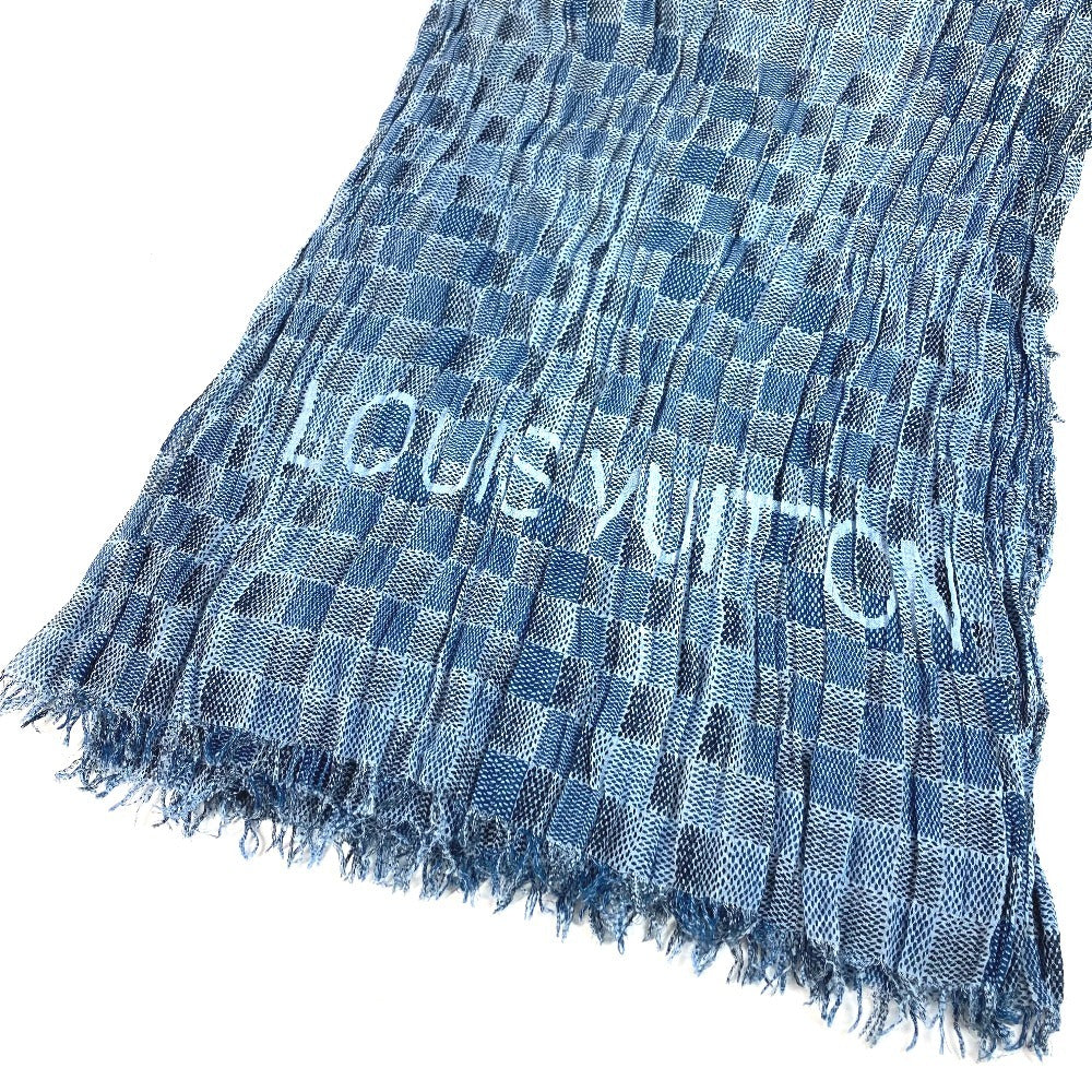 LOUIS VUITTON Logo Fringe Muffler Shawl Large Stole Cotton Unisex Blue