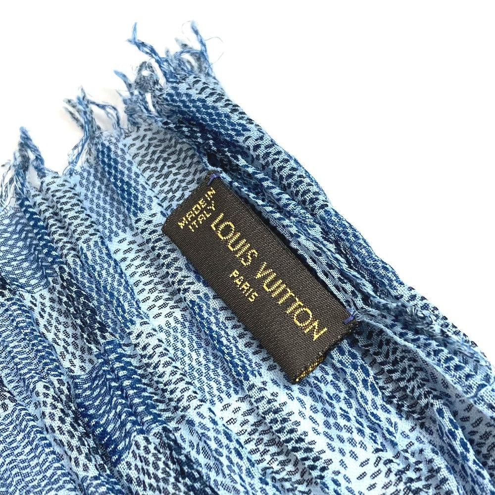 LOUIS VUITTON Logo Fringe Muffler Shawl Large Stole Cotton Unisex Blue