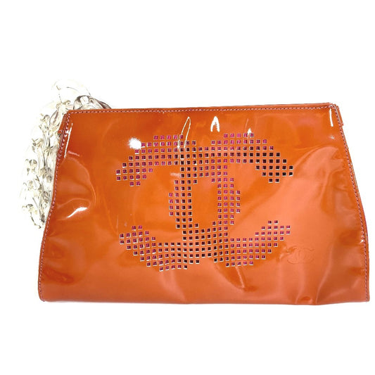 CHANEL CC Coco Mark Logo Pouch Second Bag Plastic Chain Clutch Bag Patent Leather Unisex Orange