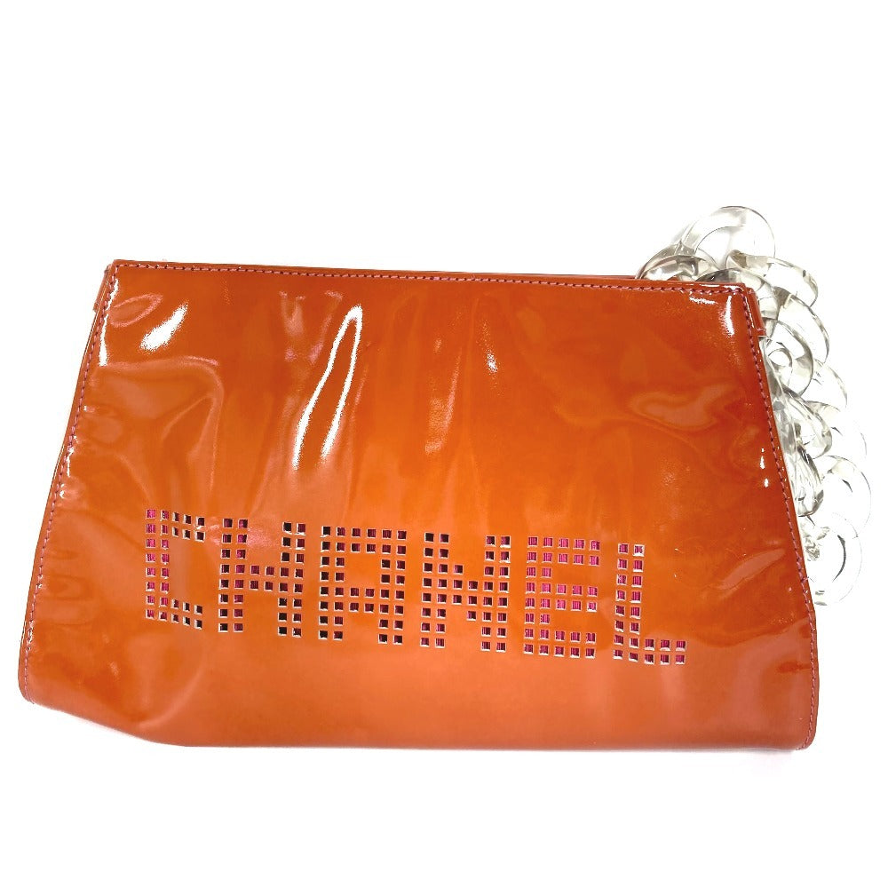 CHANEL CC ココマーク ロゴ ポーチ セカンドバッグ プラスチックチェーン クラッチバッグ パテントレザー ユニセックス オレンジ