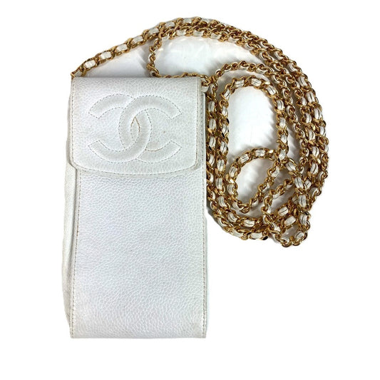 CHANEL ヴィンテージ CC ココマーク ロゴ チェーン 斜め掛け ポシェット フラップ 携帯ポーチ ショルダーバッグ キャビアスキン ユニセックス ホワイト