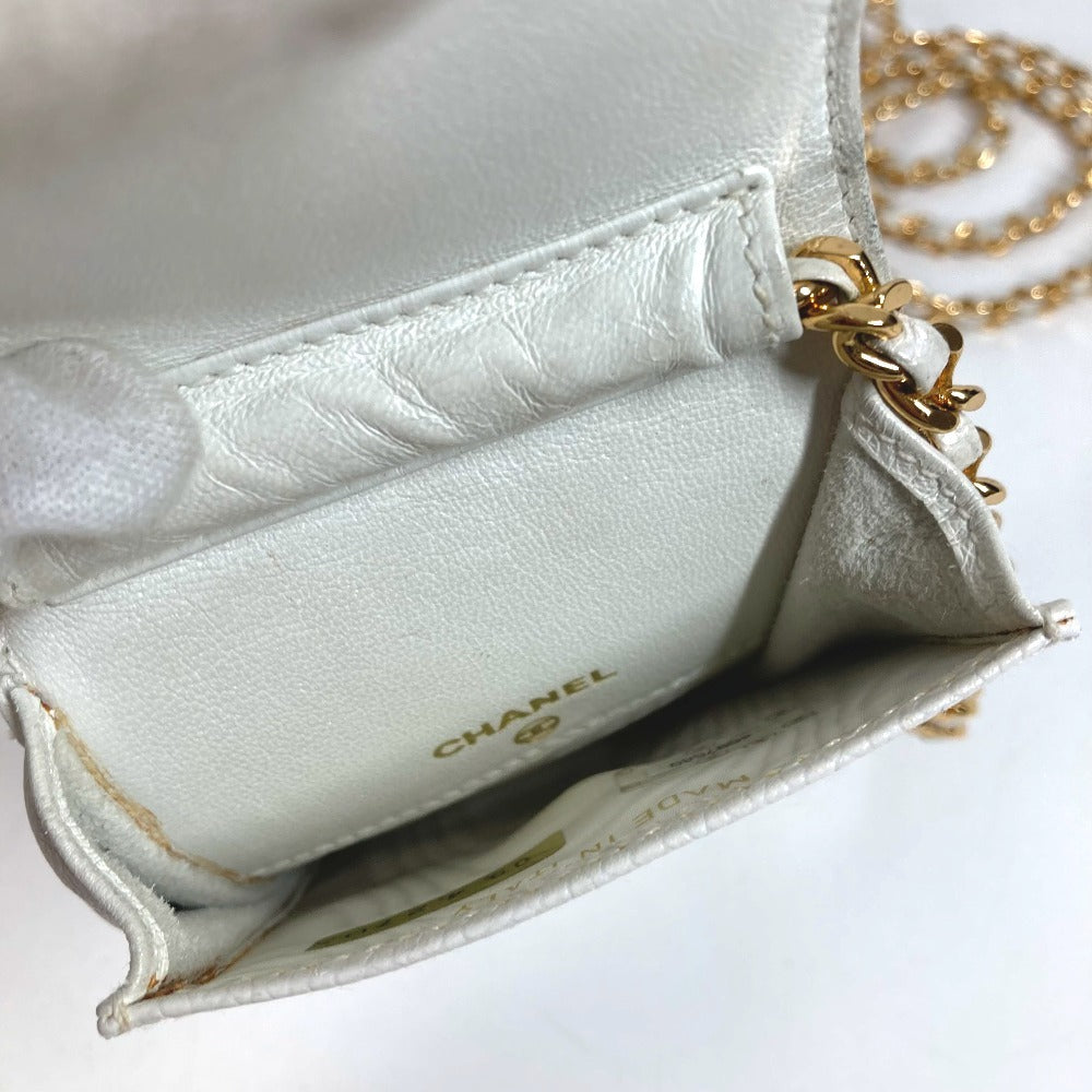 CHANEL ヴィンテージ CC ココマーク ロゴ チェーン 斜め掛け ポシェット フラップ 携帯ポーチ ショルダーバッグ キャビアスキン ユニセックス ホワイト