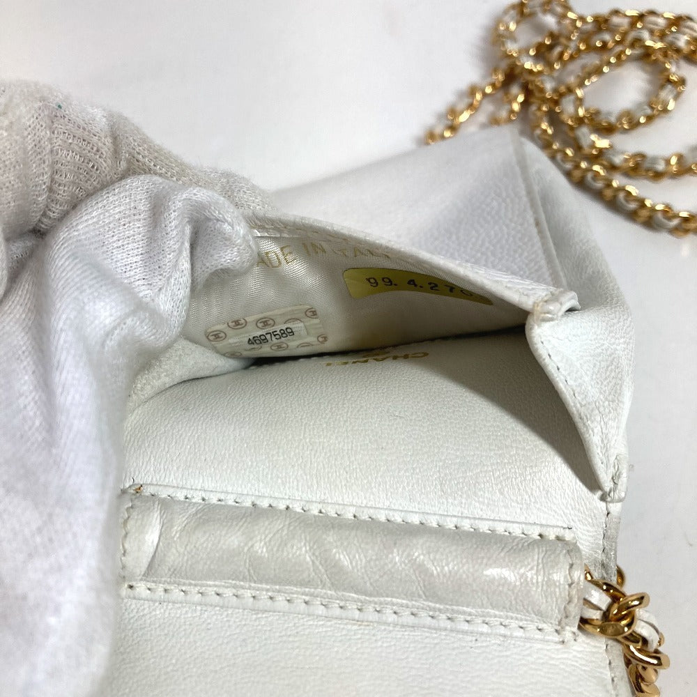 CHANEL ヴィンテージ CC ココマーク ロゴ チェーン 斜め掛け ポシェット フラップ 携帯ポーチ ショルダーバッグ キャビアスキン ユニセックス ホワイト