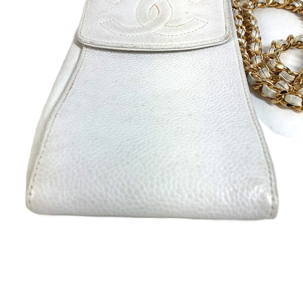CHANEL ヴィンテージ CC ココマーク ロゴ チェーン 斜め掛け ポシェット フラップ 携帯ポーチ ショルダーバッグ キャビアスキン ユニセックス ホワイト