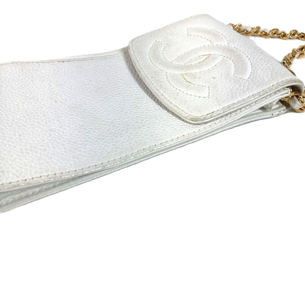 CHANEL ヴィンテージ CC ココマーク ロゴ チェーン 斜め掛け ポシェット フラップ 携帯ポーチ ショルダーバッグ キャビアスキン ユニセックス ホワイト