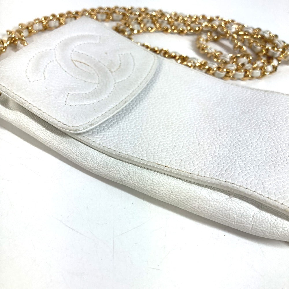 CHANEL ヴィンテージ CC ココマーク ロゴ チェーン 斜め掛け ポシェット フラップ 携帯ポーチ ショルダーバッグ キャビアスキン ユニセックス ホワイト