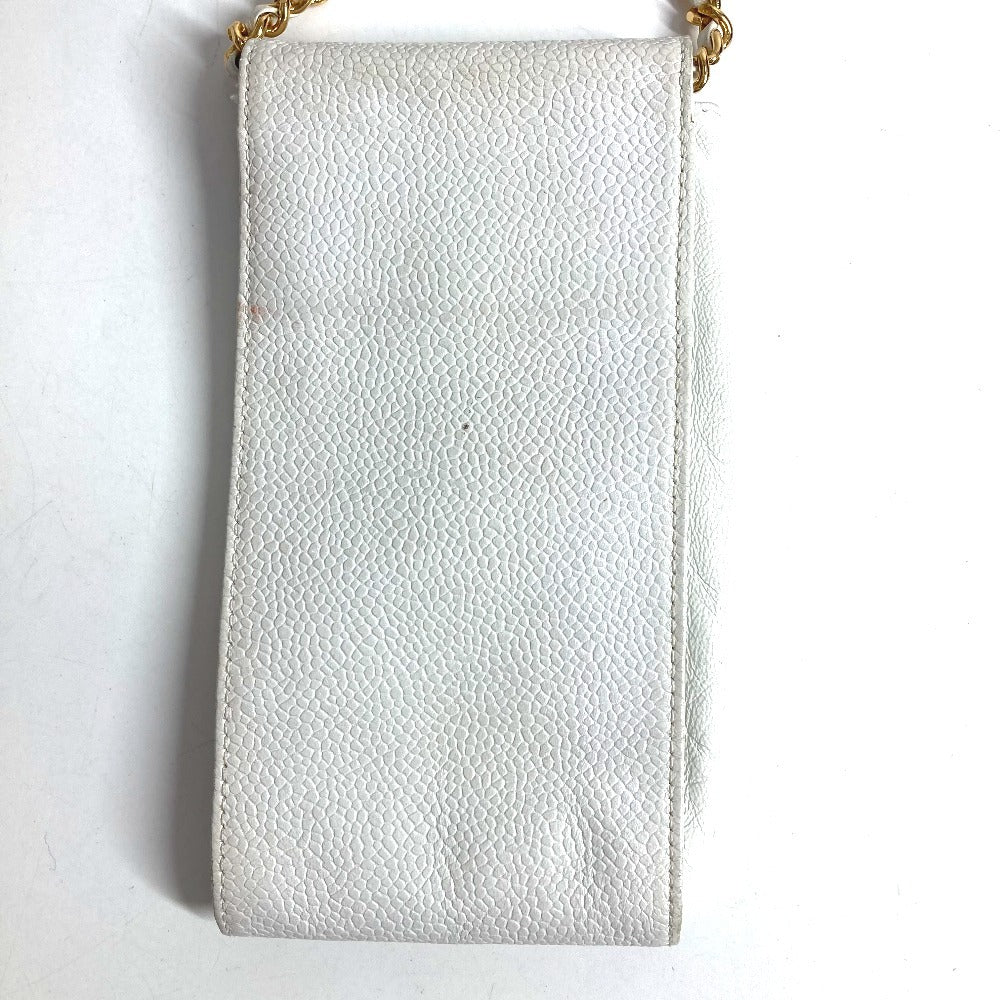 CHANEL ヴィンテージ CC ココマーク ロゴ チェーン 斜め掛け ポシェット フラップ 携帯ポーチ ショルダーバッグ キャビアスキン ユニセックス ホワイト