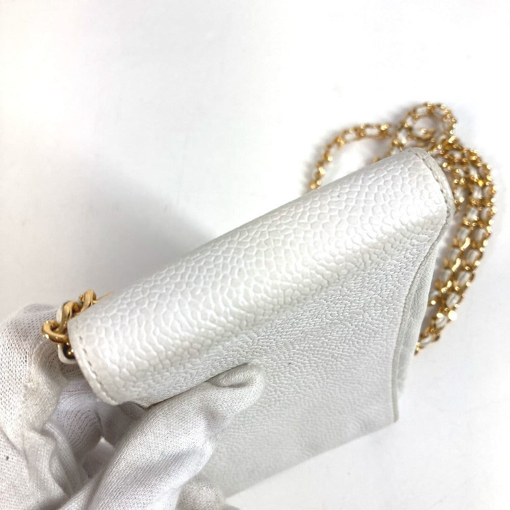 CHANEL ヴィンテージ CC ココマーク ロゴ チェーン 斜め掛け ポシェット フラップ 携帯ポーチ ショルダーバッグ キャビアスキン ユニセックス ホワイト